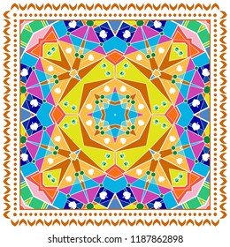 Decorative colorful ornament on white background, geometric pattern with frame border. Tribal ethnic mandala decor. Bandana shawl, tablecloth fabric print, silk neck scarf, kerchief design