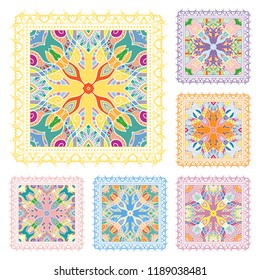 Decorative colorful ornament on white background. Symmetric patterns set with doodle lace frame. Tribal ethnic mandala decor. Bandana shawl, tablecloth fabric print, silk neck scarf, kerchief design