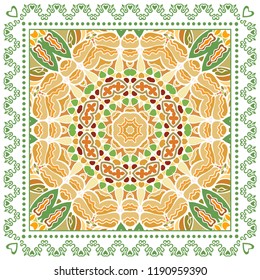 Decorative colorful ornament on white background, symmetric pattern with doodle lace frame. Tribal ethnic mandala decor. Bandana shawl, tablecloth fabric print, silk neck scarf, kerchief design