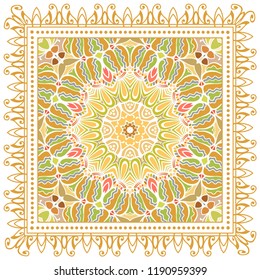 Decorative colorful ornament on white background, symmetric pattern with doodle lace frame. Tribal ethnic mandala decor. Bandana shawl, tablecloth fabric print, silk neck scarf, kerchief design