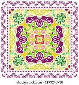 Decorative colorful ornament on white background, symmetric pattern with doodle lace frame. Tribal ethnic mandala decor. Bandana shawl, tablecloth fabric print, silk neck scarf, kerchief design
