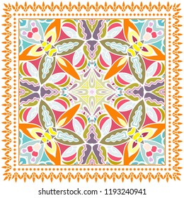 Decorative colorful ornament on white background, symmetric pattern with doodle lace frame. Tribal ethnic mandala decor. Bandana shawl, tablecloth fabric print, silk neck scarf, kerchief design