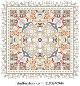 Decorative colorful ornament on white background, symmetric pattern with doodle lace frame. Tribal ethnic mandala decor. Bandana shawl, tablecloth fabric print, silk neck scarf, kerchief design