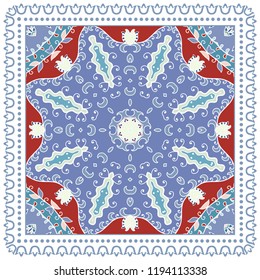 Decorative colorful ornament on white background, symmetric pattern with doodle lace frame. Tribal ethnic mandala decor. Bandana shawl, tablecloth fabric print, silk neck scarf, kerchief design