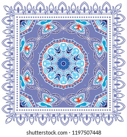 Decorative colorful ornament on white background, symmetric pattern with doodle lace frame. Tribal ethnic mandala decor. Bandana shawl, tablecloth fabric print, silk neck scarf, kerchief design