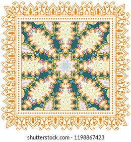 Decorative colorful ornament on white background, symmetric pattern with doodle lace frame. Tribal ethnic mandala decor. Bandana shawl, tablecloth fabric print, silk neck scarf, kerchief design