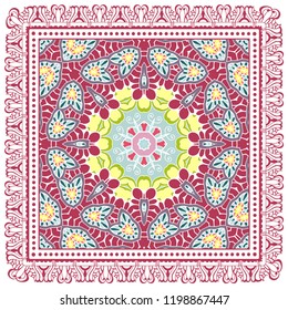 Decorative colorful ornament on white background, symmetric pattern with doodle lace frame. Tribal ethnic mandala decor. Bandana shawl, tablecloth fabric print, silk neck scarf, kerchief design
