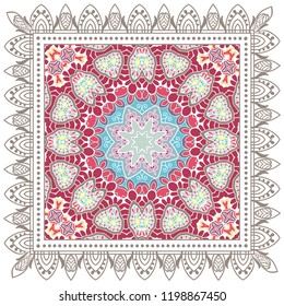 Decorative colorful ornament on white background, symmetric pattern with doodle lace frame. Tribal ethnic mandala decor. Bandana shawl, tablecloth fabric print, silk neck scarf, kerchief design