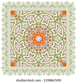 Decorative colorful ornament on white background, symmetric pattern with doodle lace frame. Tribal ethnic mandala decor. Bandana shawl, tablecloth fabric print, silk neck scarf, kerchief design