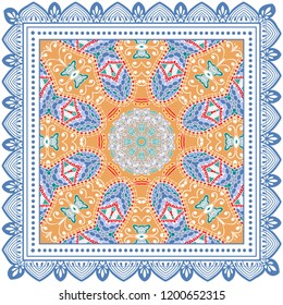 Decorative colorful ornament on white background, symmetric pattern with doodle lace frame. Tribal ethnic mandala decor. Bandana shawl, tablecloth fabric print, silk neck scarf, kerchief design