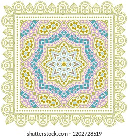 Decorative colorful ornament on white background, symmetric pattern with doodle lace frame. Tribal ethnic mandala decor. Bandana shawl, tablecloth fabric print, silk neck scarf, kerchief design