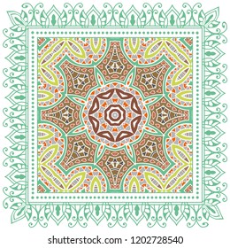 Decorative colorful ornament on white background, symmetric pattern with doodle lace frame. Tribal ethnic mandala decor. Bandana shawl, tablecloth fabric print, silk neck scarf, kerchief design