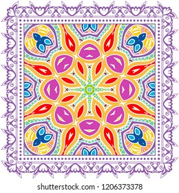 Decorative colorful ornament on white background, symmetric pattern with doodle lace frame. Tribal ethnic mandala decor. Bandana shawl, tablecloth fabric print, silk neck scarf, kerchief design