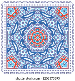 Decorative colorful ornament on white background, symmetric pattern with doodle lace frame. Tribal ethnic mandala decor. Bandana shawl, tablecloth fabric print, silk neck scarf, kerchief design