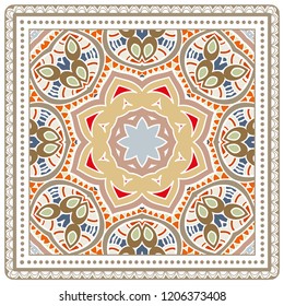 Decorative colorful ornament on white background, symmetric pattern with doodle lace frame. Tribal ethnic mandala decor. Bandana shawl, tablecloth fabric print, silk neck scarf, kerchief design