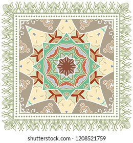 Decorative colorful ornament on white background, symmetric pattern with doodle lace frame. Tribal ethnic mandala decor. Bandana shawl, tablecloth fabric print, silk neck scarf, kerchief design