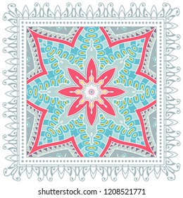 Decorative colorful ornament on white background, symmetric pattern with doodle lace frame. Tribal ethnic mandala decor. Bandana shawl, tablecloth fabric print, silk neck scarf, kerchief design