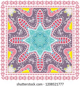 Decorative colorful ornament on white background, symmetric pattern with doodle lace frame. Tribal ethnic mandala decor. Bandana shawl, tablecloth fabric print, silk neck scarf, kerchief design