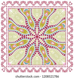 Decorative colorful ornament on white background, symmetric pattern with doodle lace frame. Tribal ethnic mandala decor. Bandana shawl, tablecloth fabric print, silk neck scarf, kerchief design