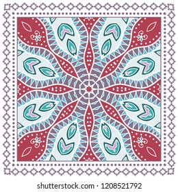 Decorative colorful ornament on white background, symmetric pattern with doodle lace frame. Tribal ethnic mandala decor. Bandana shawl, tablecloth fabric print, silk neck scarf, kerchief design