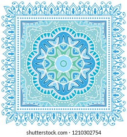 Decorative colorful ornament on white background, symmetric pattern with doodle lace frame. Tribal ethnic mandala decor. Bandana shawl, tablecloth fabric print, silk neck scarf, kerchief design