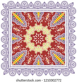 Decorative colorful ornament on white background, symmetric pattern with doodle lace frame. Tribal ethnic mandala decor. Bandana shawl, tablecloth fabric print, silk neck scarf, kerchief design