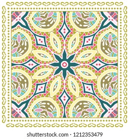 Decorative colorful ornament on white background, symmetric pattern with doodle lace frame. Tribal ethnic mandala decor. Bandana shawl, tablecloth fabric print, silk neck scarf, kerchief design