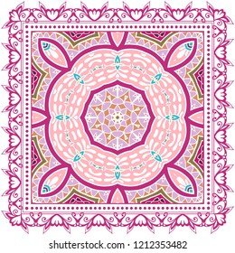 Decorative colorful ornament on white background, symmetric pattern with doodle lace frame. Tribal ethnic mandala decor. Bandana shawl, tablecloth fabric print, silk neck scarf, kerchief design