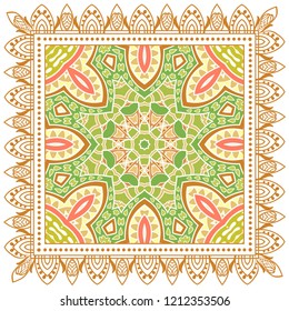 Decorative colorful ornament on white background, symmetric pattern with doodle lace frame. Tribal ethnic mandala decor. Bandana shawl, tablecloth fabric print, silk neck scarf, kerchief design