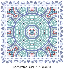 Decorative colorful ornament on white background, symmetric pattern with doodle lace frame. Tribal ethnic mandala decor. Bandana shawl, tablecloth fabric print, silk neck scarf, kerchief design
