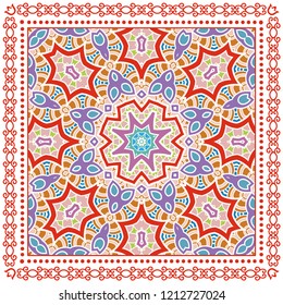 Decorative colorful ornament on white background, symmetric pattern with doodle lace frame. Tribal ethnic mandala decor. Bandana shawl, tablecloth fabric print, silk neck scarf, kerchief design