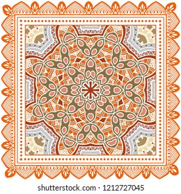 Decorative colorful ornament on white background, symmetric pattern with doodle lace frame. Tribal ethnic mandala decor. Bandana shawl, tablecloth fabric print, silk neck scarf, kerchief design