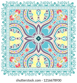 Decorative colorful ornament on white background, symmetric pattern with doodle lace frame. Tribal ethnic mandala decor. Bandana shawl, tablecloth fabric print, silk neck scarf, kerchief design