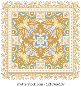 Decorative colorful ornament on white background, symmetric pattern with doodle lace frame. Tribal ethnic mandala decor. Bandana shawl, tablecloth fabric print, silk neck scarf, kerchief design
