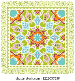 Decorative colorful ornament on white background, symmetric pattern with doodle lace frame. Tribal ethnic mandala decor. Bandana shawl, tablecloth fabric print, silk neck scarf, kerchief design