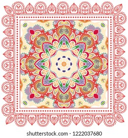 Decorative colorful ornament on white background, symmetric pattern with doodle lace frame. Tribal ethnic mandala decor. Bandana shawl, tablecloth fabric print, silk neck scarf, kerchief design