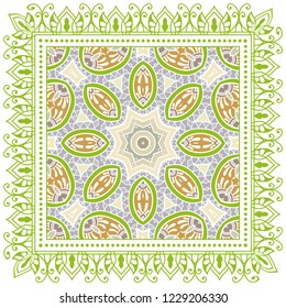 Decorative colorful ornament on white background, symmetric pattern with doodle lace frame. Tribal ethnic mandala decor. Bandana shawl, tablecloth fabric print, silk neck scarf, kerchief design