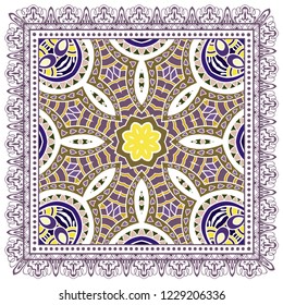 Decorative colorful ornament on white background, symmetric pattern with doodle lace frame. Tribal ethnic mandala decor. Bandana shawl, tablecloth fabric print, silk neck scarf, kerchief design