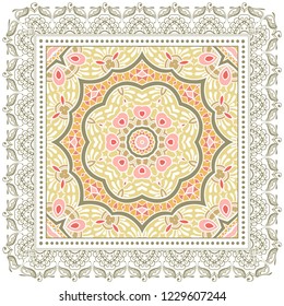 Decorative colorful ornament on white background, symmetric pattern with doodle lace frame. Tribal ethnic mandala decor. Bandana shawl, tablecloth fabric print, silk neck scarf, kerchief design