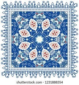 Decorative colorful ornament on white background, symmetric pattern with doodle lace frame. Tribal ethnic mandala decor. Bandana shawl, tablecloth fabric print, silk neck scarf, kerchief design