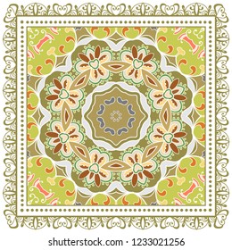 Decorative colorful ornament on white background, symmetric pattern with doodle lace frame. Tribal ethnic mandala decor. Bandana shawl, tablecloth fabric print, silk neck scarf, kerchief design