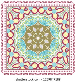 Decorative colorful ornament on white background, symmetric pattern with doodle lace frame. Tribal ethnic mandala decor. Bandana shawl, tablecloth fabric print, silk neck scarf, kerchief design
