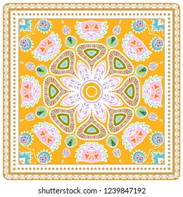 Decorative colorful ornament on white background, symmetric pattern with doodle lace frame. Tribal ethnic mandala decor. Bandana shawl, tablecloth fabric print, silk neck scarf, kerchief design