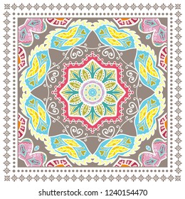 Decorative colorful ornament on white background, symmetric pattern with doodle lace frame. Tribal ethnic mandala decor. Bandana shawl, tablecloth fabric print, silk neck scarf, kerchief design