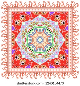 Decorative colorful ornament on white background, symmetric pattern with doodle lace frame. Tribal ethnic mandala decor. Bandana shawl, tablecloth fabric print, silk neck scarf, kerchief design