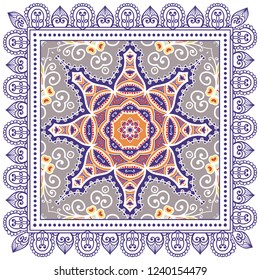 Decorative colorful ornament on white background, symmetric pattern with doodle lace frame. Tribal ethnic mandala decor. Bandana shawl, tablecloth fabric print, silk neck scarf, kerchief design