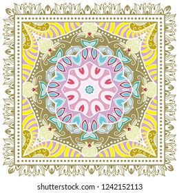 Decorative colorful ornament on white background, symmetric pattern with doodle lace frame. Tribal ethnic mandala decor. Bandana shawl, tablecloth fabric print, silk neck scarf, kerchief design