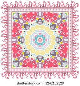 Decorative colorful ornament on white background, symmetric pattern with doodle lace frame. Tribal ethnic mandala decor. Bandana shawl, tablecloth fabric print, silk neck scarf, kerchief design