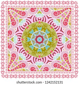 Decorative colorful ornament on white background, symmetric pattern with doodle lace frame. Tribal ethnic mandala decor. Bandana shawl, tablecloth fabric print, silk neck scarf, kerchief design