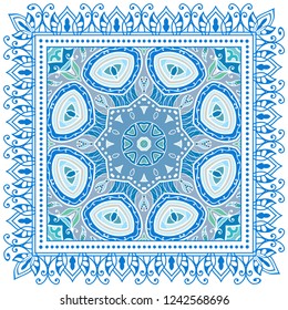 Decorative colorful ornament on white background, symmetric pattern with doodle lace frame. Tribal ethnic mandala decor. Bandana shawl, tablecloth fabric print, silk neck scarf, kerchief design